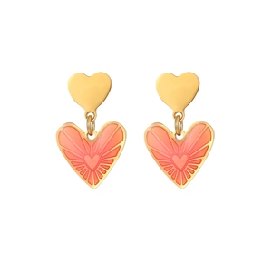 Boucles d'oreilles cœur dorées et roses avec texture émaillée rayonnante