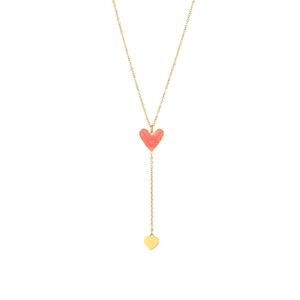 Collier en Y doré détaillé avec cœur émaillé rouge et pendentif cœur en or massif