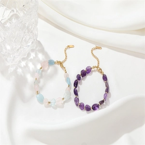 Bracelet ajustable minimaliste avec cristaux d'améthyste et de quartz rose naturels