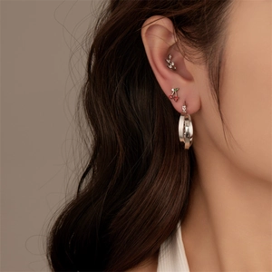 Titanium steel stud set featuring sparkling leaf, cherry, and double hoop ear jewelry