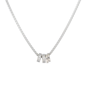Silver square chain necklace with four interlocking rings and sparkling zircon accents