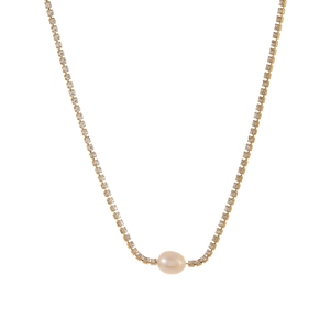 Elegant gold choker necklace featuring a cream pearl pendant and sparkling rhinestones