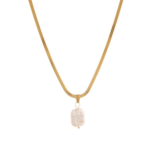 Minimalist gold snake chain necklace featuring a natural white baroque pearl pendant