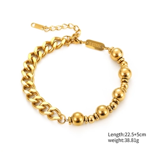 Adjustable stainless steel bead and cuban link chain bracelet in polished gold finish