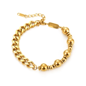 Gold stainless steel bracelet combining Cuban links and round beads with an adjustable clasp