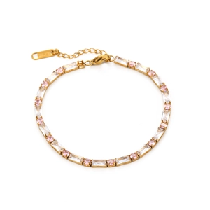 18K Gold Plated Stainless Steel Bracelet With Pink Clear Zirconia Rectangle Round Stones Fashion Jewelry For Women
