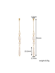 Detailed view of long pearl drop earrings with golden chains and dimensions