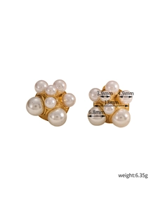 Detail view of pearl cluster earrings showing 13mm width and component sizes in gold