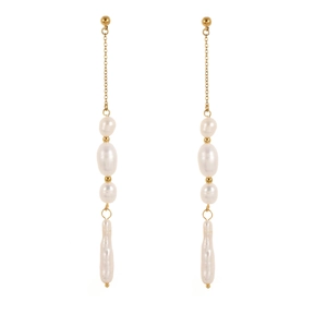 Elegant gold fringe earrings with baroque pearls and minimalist long tassels for women