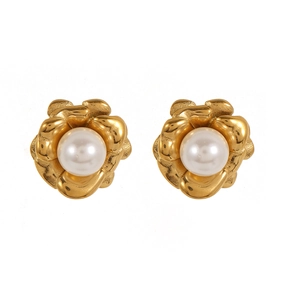 Elegant gold flower earrings with central white pearl on a clean white background