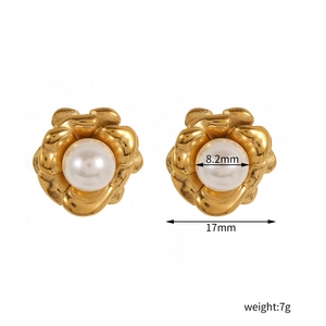 Golden camellia flower earrings with 8.2mm pearl center set in premium minimalist design