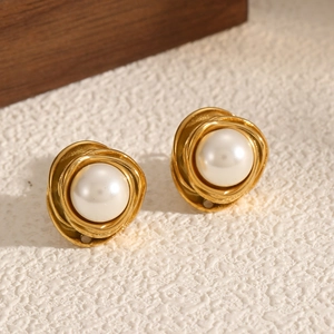 Boucles D'oreilles Puces Fleur Vintage Acier Inoxydable Avec Perle D'eau Douce Design Spirale Doré Pour Femme