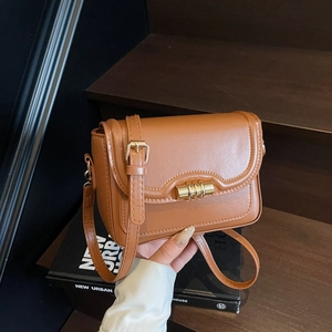 Retro PU Leather Crossbody Small Square Bag For Women Elegant Gold Metal Lock Flip Messenger Shoulder Bag Daily Commute Fashion Handbag