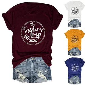 T-Shirt Femme Mélange De Coton Manches Courtes Col Rond Sisters Trip 2026 Lettres Imprimées Coeur Hauts Décontractés