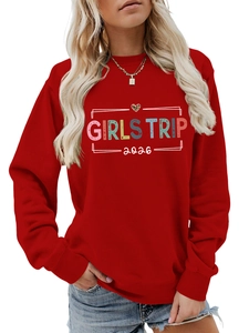 Detail of red Girls Trip 2026 sweatshirt with leopard heart print and ribbed cuffs