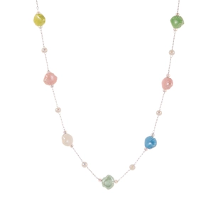 Colorful shell bead and pearl necklace with delicate metal chain in a minimalist design