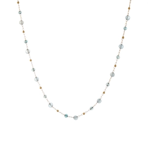 Layered aquamarine gemstone necklace with faceted blue beads and gold chain links