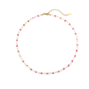 Rainbow crystal bead necklace with square transparent pink charms and gold lobster clasp