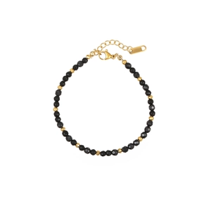 Faceted black stone beaded bracelet with golden metal accents and adjustable lobster clasp