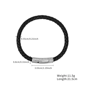 Classic black braided leather bracelet for men with silver textured magnetic clasp