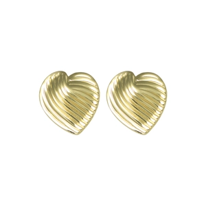 Elegant gold heart stud earrings with textured pleated metal design on white background