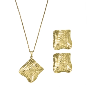 Collier Et Boucles D'oreilles Carrées En Acier Inoxydable Plaque Or Texture Ondulée Irrégulière Géométrique Mode Femme
