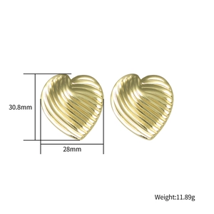 Minimalist gold heart-shaped earrings with textured surface and size specifications