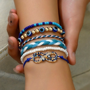 Bracelet Multicouches Bohème Alliage Corde Tissée Perle Résine Oeil Maléfique Symbole Infini Strass Bijoux Pour Femmes
