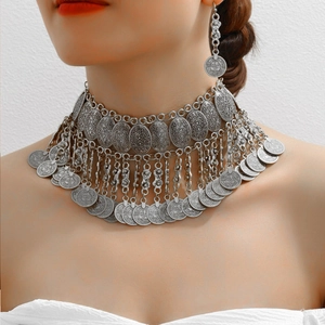 Retro boho coin fringe necklace and earring set in vintage silver for ethnic statement looks