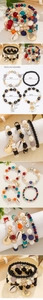 Detail of bohemian multilayer beaded bracelet set with shell pendants and elastic cords