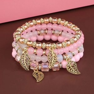 Ethnic Style Retro Leaf Tree Of Life Multi Layer Beaded Bracelet Set Alloy Glass Beads Elastic Bracelet For Women Jewelry