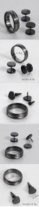 Detailed dimensions of black stainless steel jewelry set including ring and stud earrings