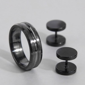 Men Black Stainless Steel Jewelry Collection Punk Minimalist Ring And Heart Triangle Geometric Stud Earrings Daily Accessories