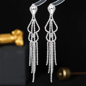 Elegant Long Tassel Dangle Drop Earrings Alloy Rhinestone Teardrop Floral Sparkling Jewelry For Women Fashion Korean Style