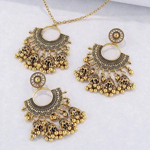 Retro Ethnic Alloy Jewelry Bohemian Fan Shaped Hollow Jhumka Bell Tassel Necklace And Earrings For Women