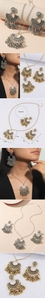 Detail view of fan-shaped cutout earrings and necklace set with dimensions