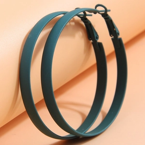 Minimalist wide flat teal matte hoop earrings in a modern industrial stainless steel style
