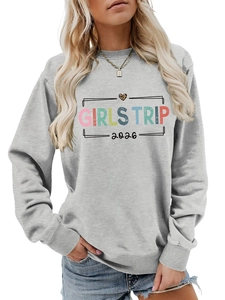 Detail of Girls Trip 2026 leopard heart print on a grey crewneck sweatshirt