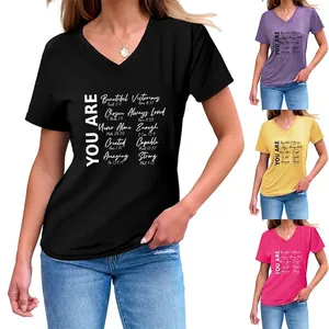 T-Shirt Femme Col En V Manches Courtes Mélange De Coton Imprimé Inspirant Verset Biblique Haut Décontracté