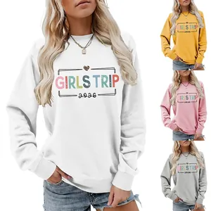Women Casual Crew Neck Long Sleeve Sweatshirt And Distressed Denim Shorts Girls Trip 2026 Letter Printed Heart Outfit