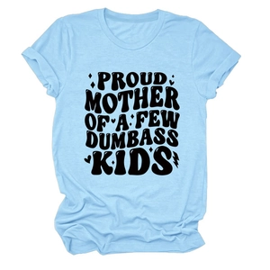 T-shirt da donna celeste a girocollo con stampa 'Proud Mother' e maniche risvoltate