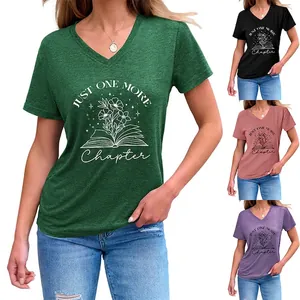 T-Shirt Femme Col En V Just One More Chapter Imprimé Mélange Coton Manches Courtes Haut Graphique Littéraire Décontracté