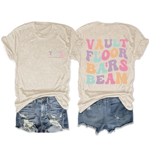 Flat lay of women's casual t-shirt with Vault Floor Bars Beam back print and denim shorts