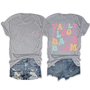 Detailed view of gymnastics theme grey cotton T-shirt featuring vault and floor typography