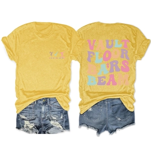 Detail showing back and front of yellow gym t-shirt with blue denim shorts set