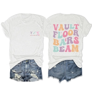 Flat lay of white cotton gymnastics T-shirt with VAULT FLOOR BARS BEAM vintage print