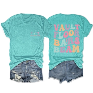 Detail of teal cotton gymnastics tee with Vault Floor Bars Beam print and denim shorts