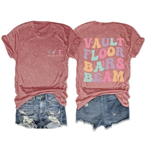 Detailed front and back view of heather red gymnastics t-shirt with vintage colorful text