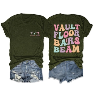 Close-up of olive green t-shirt with vault floor bars beam gymnastics print and texture