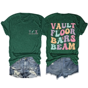 Flat lay of women's green gym t-shirt showing vault floor bars beam back print detail